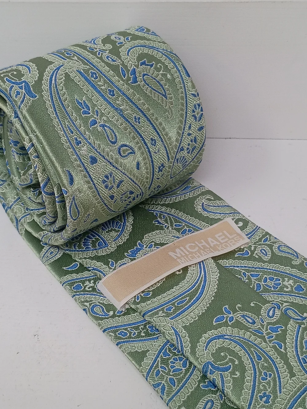 Michael Kors Light Green Paisley Silk Tie with Blue Accents